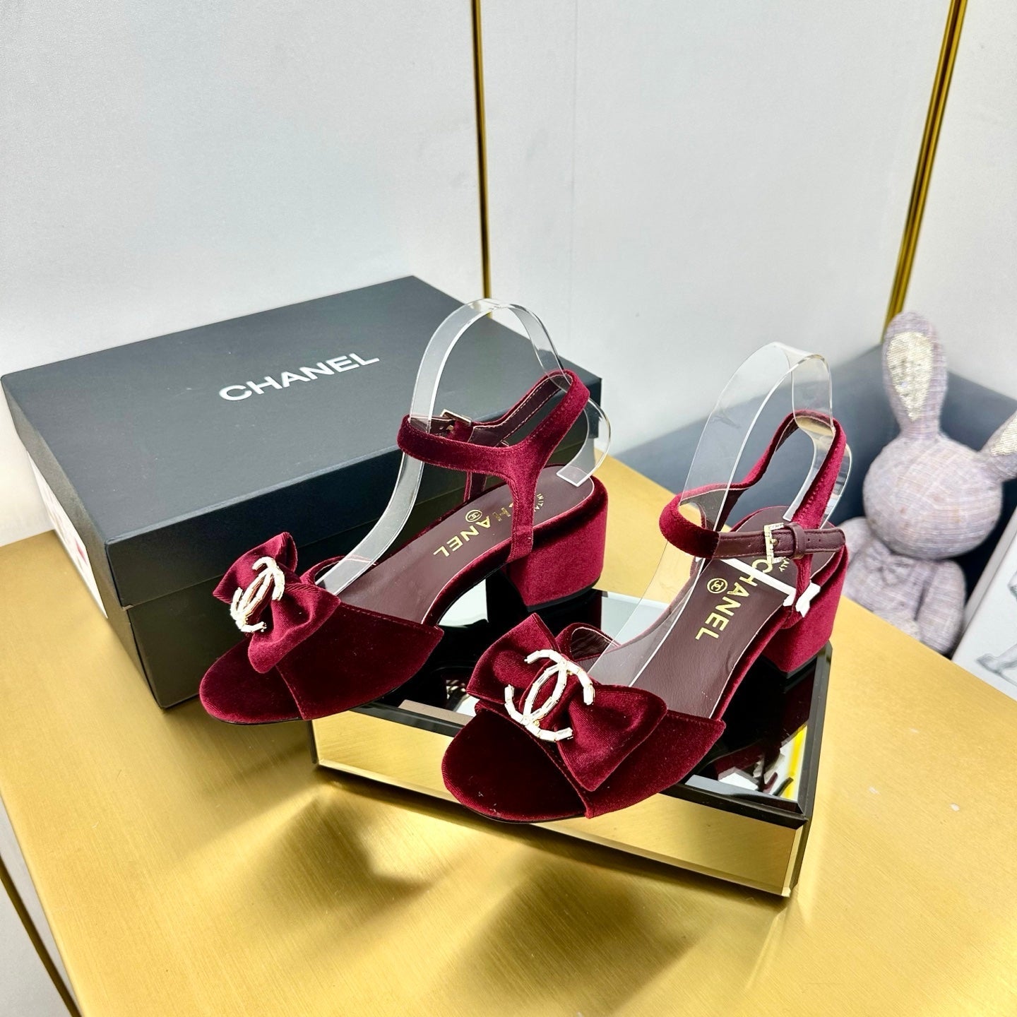 CHANEL 25 Sandal Heels Burgundy Red Velvet 238484