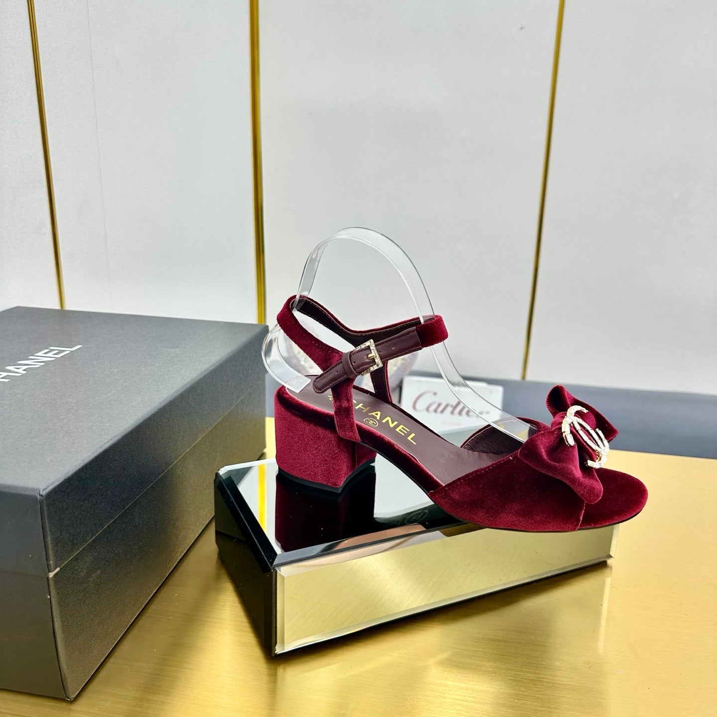 CHANEL 25 Sandal Heels Burgundy Red Velvet 238484