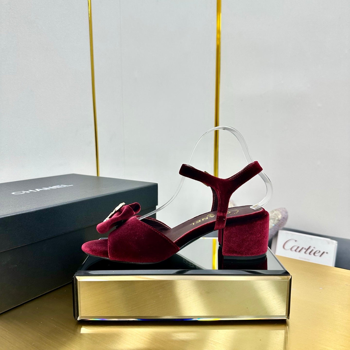 CHANEL 25 Sandal Heels Burgundy Red Velvet 238484