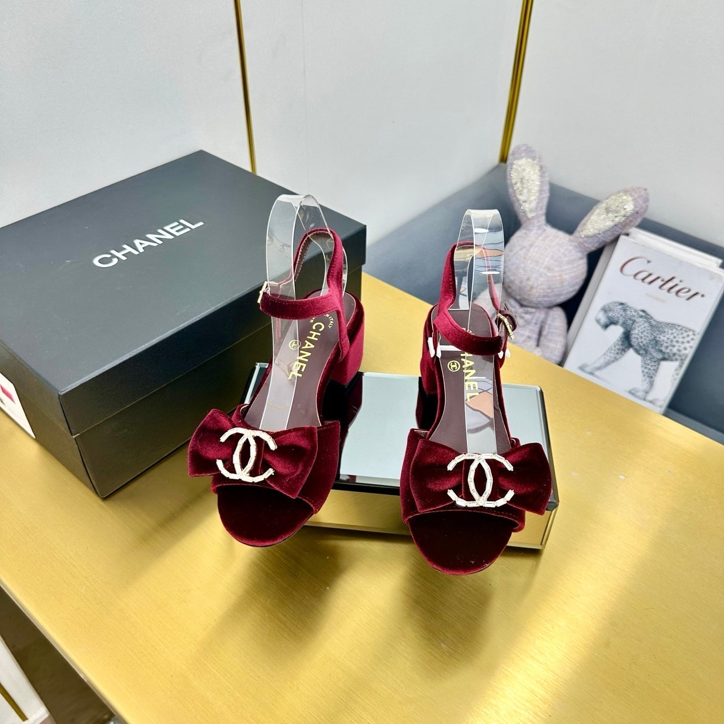 CHANEL 25 Sandal Heels Burgundy Red Velvet 238484