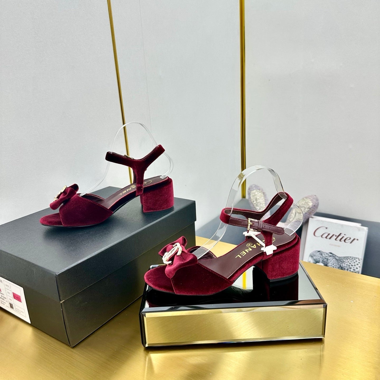 CHANEL 25 Sandal Heels Burgundy Red Velvet 238484