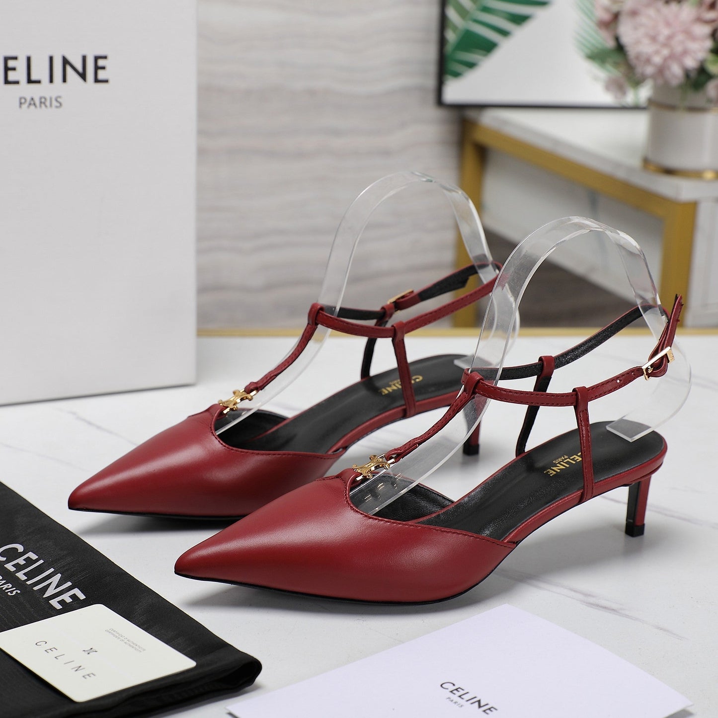 Celine HIGH 5 CM SLINGBACK IN CHERRY RED CALFSKIN WITH GOLD LOGO