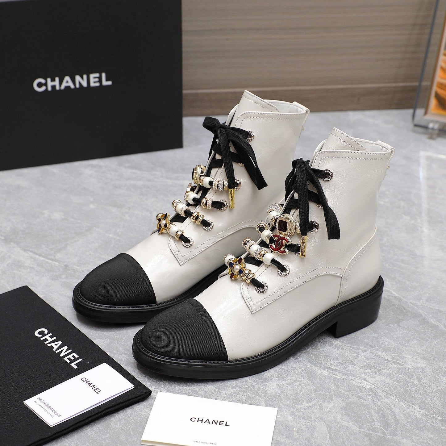 CHANEL Ankle Boots 30mm White Wrinkled Cowhide