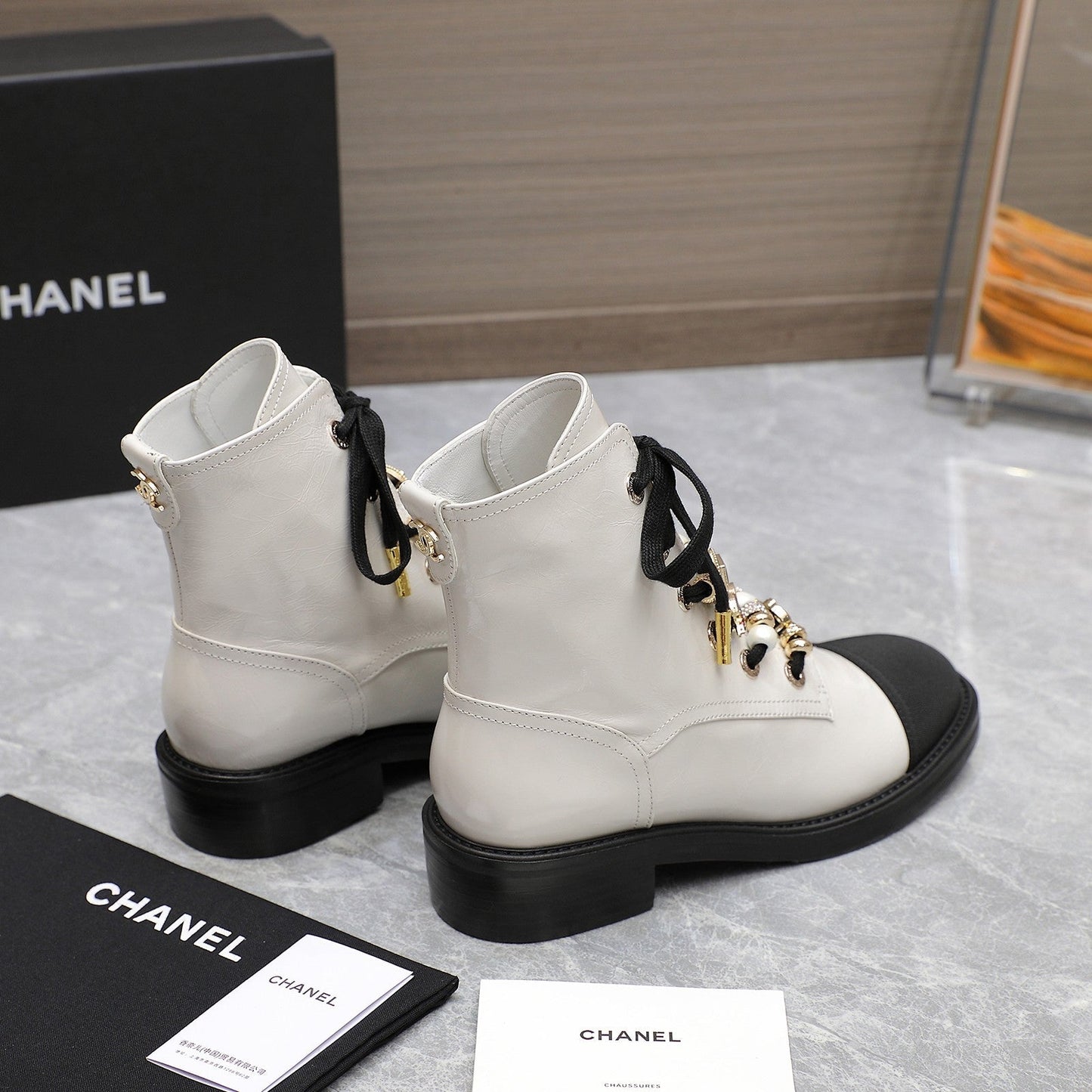 CHANEL Ankle Boots 30mm White Wrinkled Cowhide