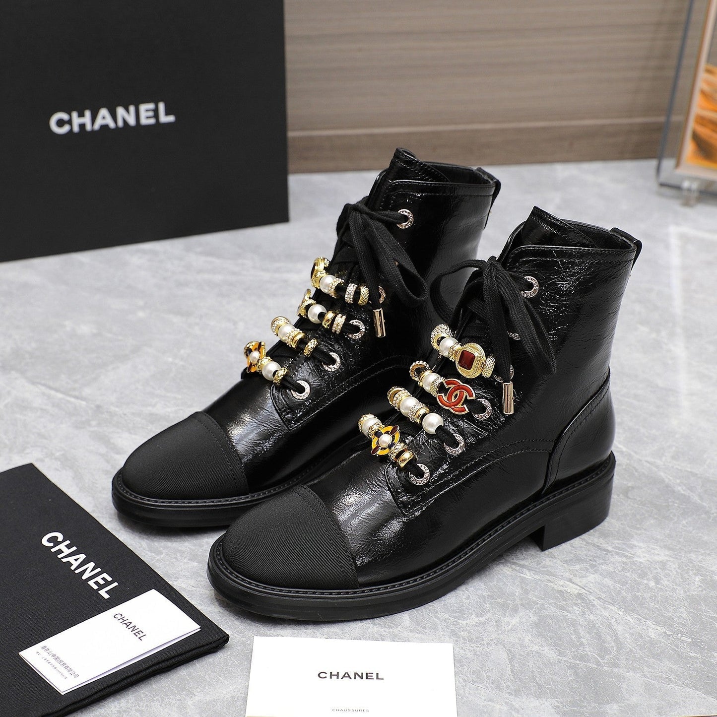 CHANEL Ankle Boots 30mm Black Wrinkled Cowhide