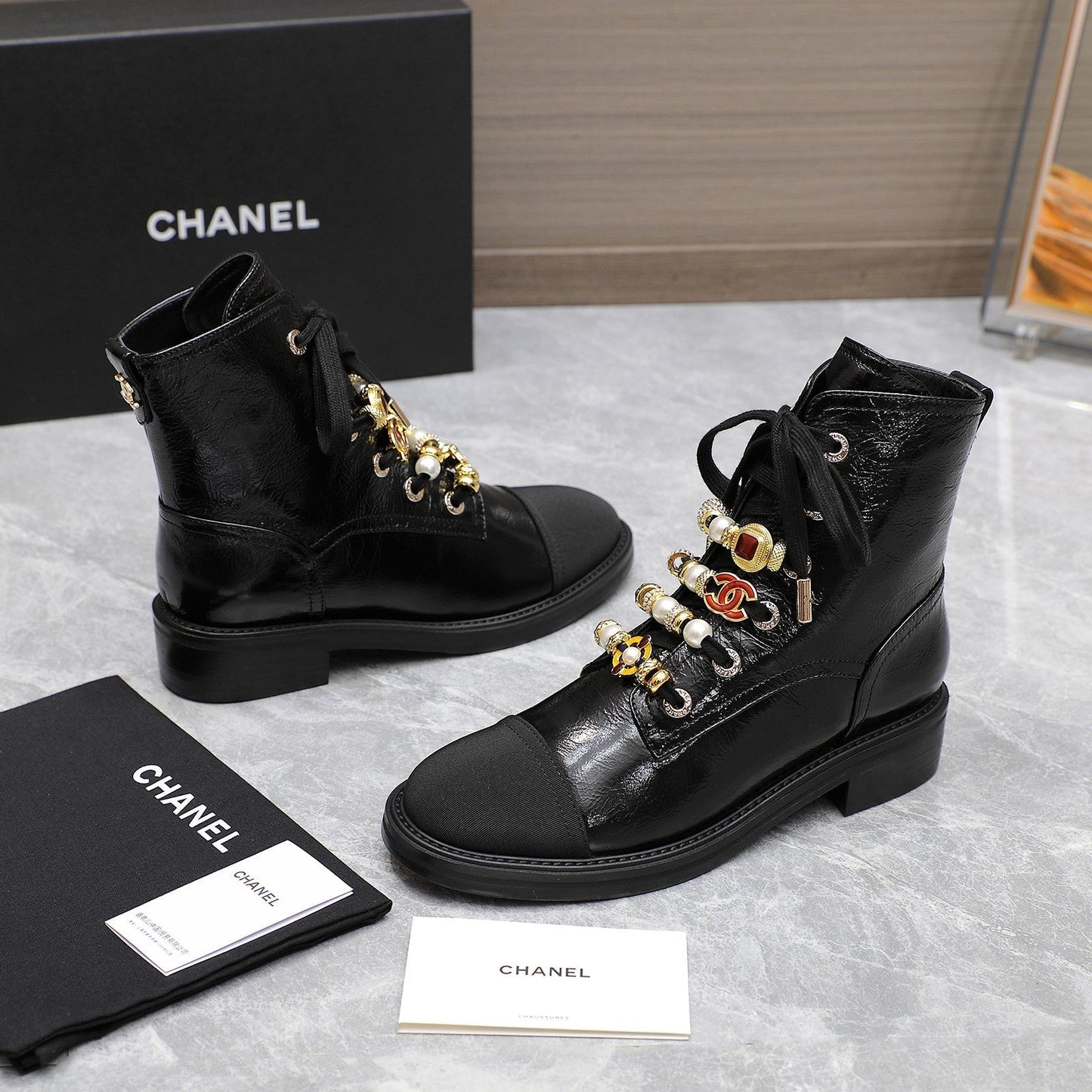 CHANEL Ankle Boots 30mm Black Wrinkled Cowhide