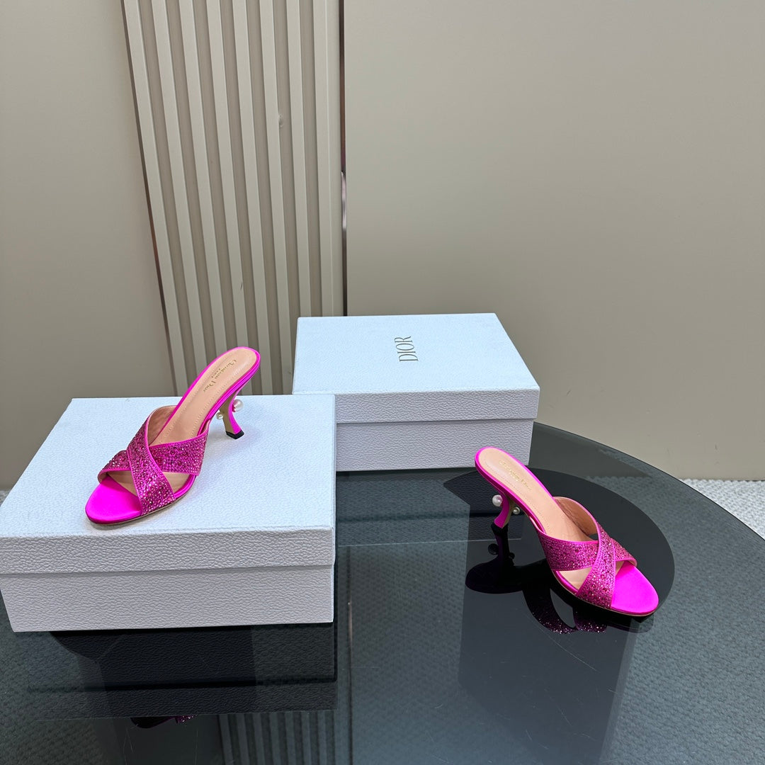 DIOR Tribales Heeled Slide 80mm Dark Pink Lambskin And Studded With Stones