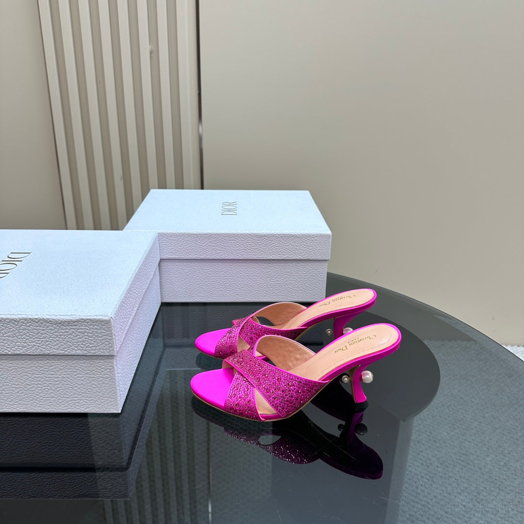 DIOR Tribales Heeled Slide 80mm Dark Pink Lambskin And Studded With Stones