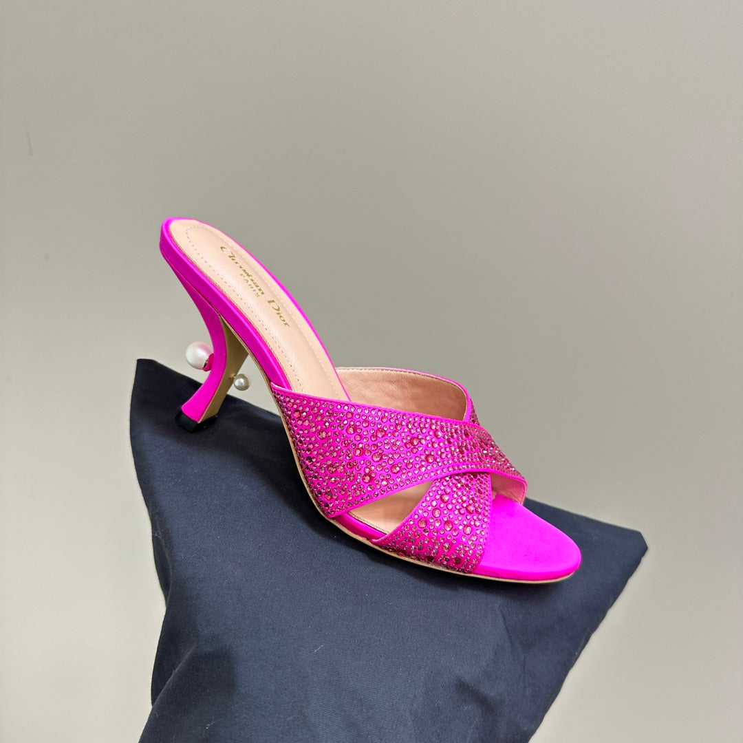 DIOR Tribales Heeled Slide 80mm Dark Pink Lambskin And Studded With Stones