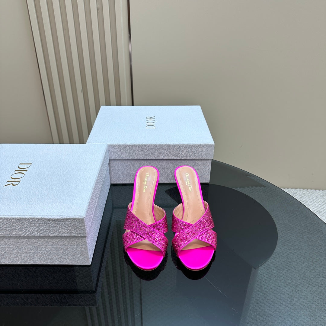 DIOR Tribales Heeled Slide 80mm Dark Pink Lambskin And Studded With Stones