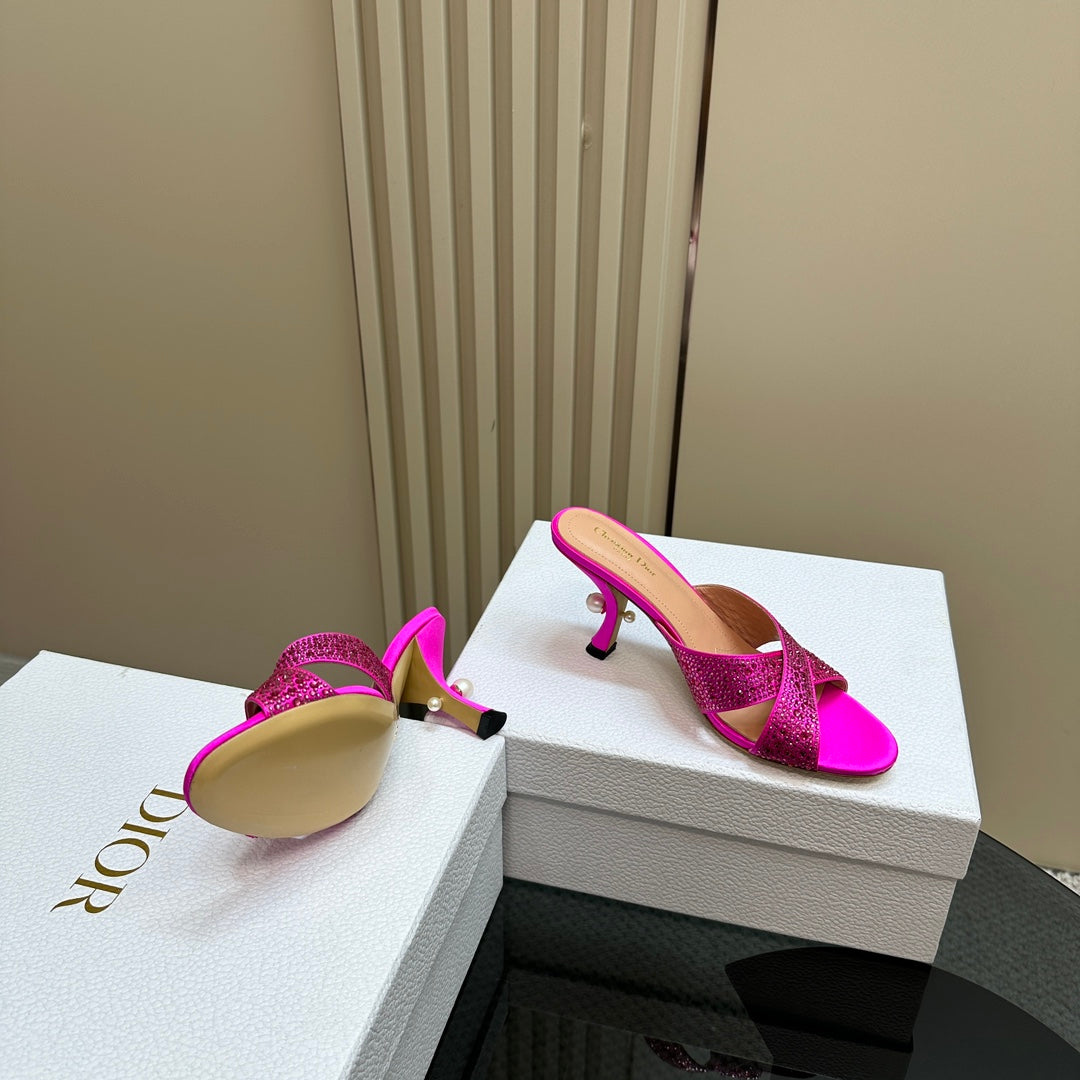DIOR Tribales Heeled Slide 80mm Dark Pink Lambskin And Studded With Stones