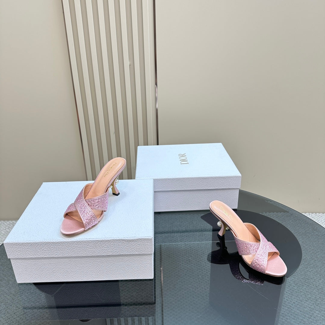 DIOR Tribales Heeled Slide 80mm Light Pink Lambskin And Studded With Stones