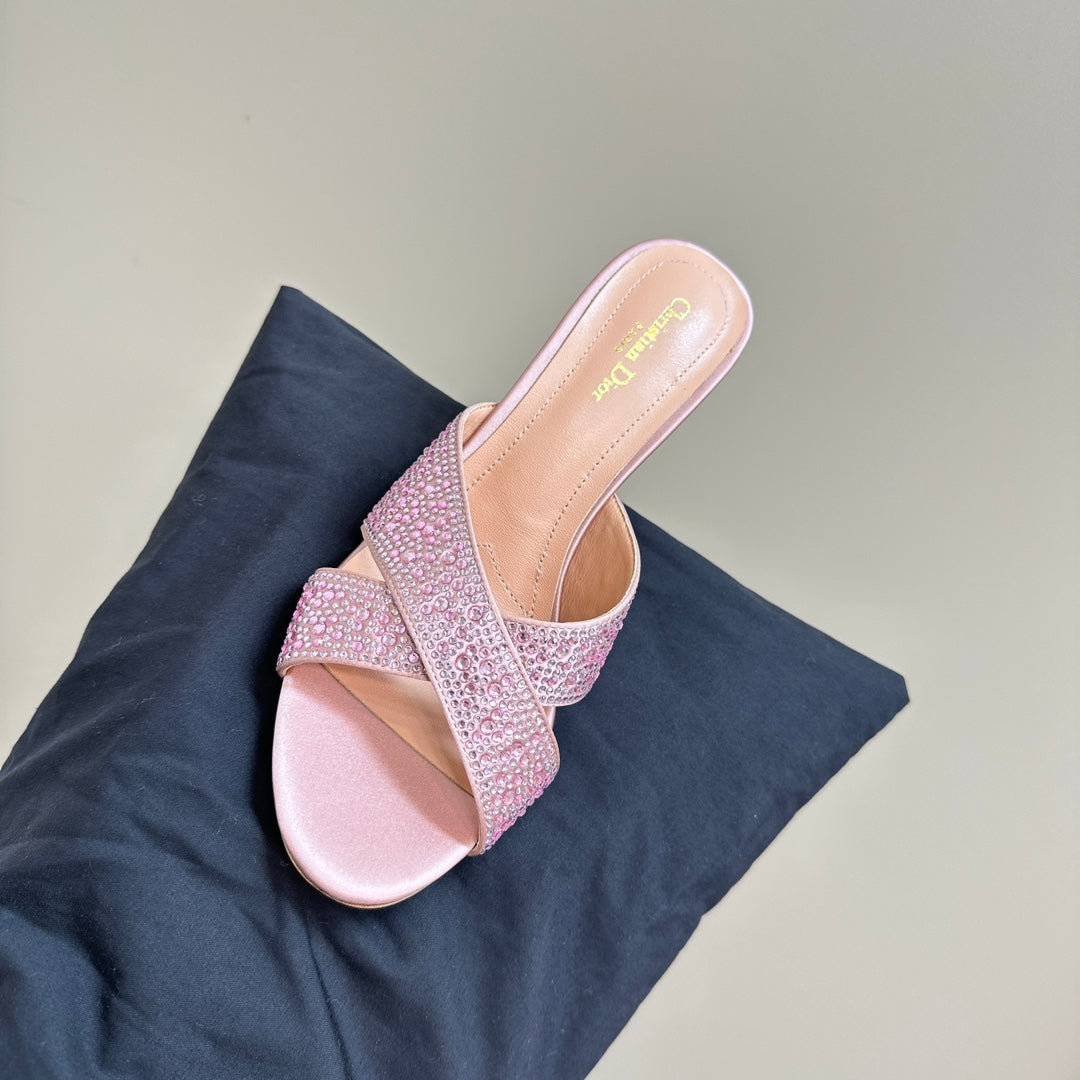DIOR Tribales Heeled Slide 80mm Light Pink Lambskin And Studded With Stones