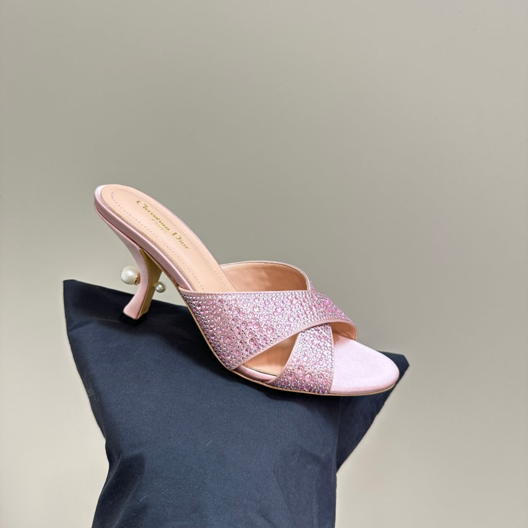 DIOR Tribales Heeled Slide 80mm Light Pink Lambskin And Studded With Stones