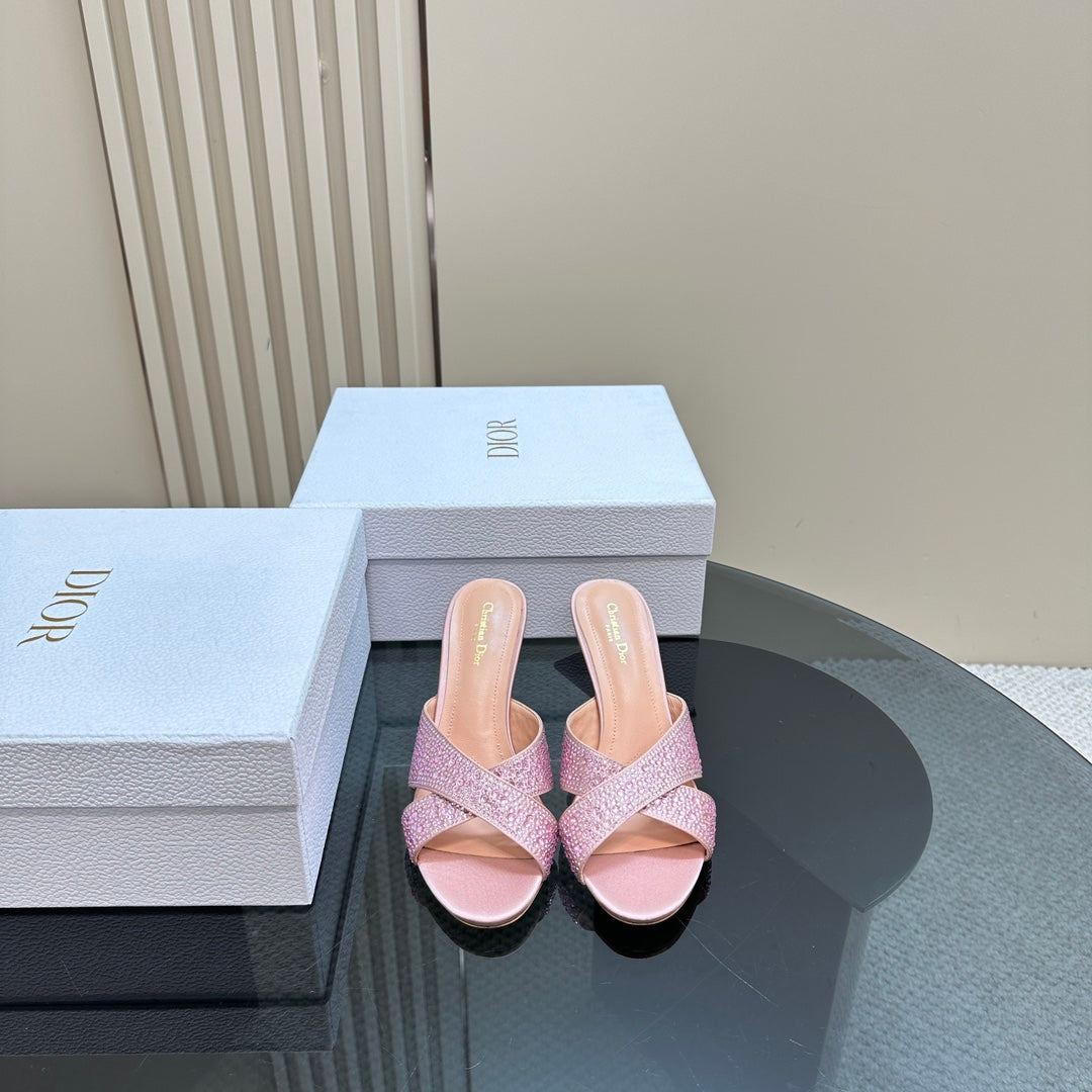 DIOR Tribales Heeled Slide 80mm Light Pink Lambskin And Studded With Stones
