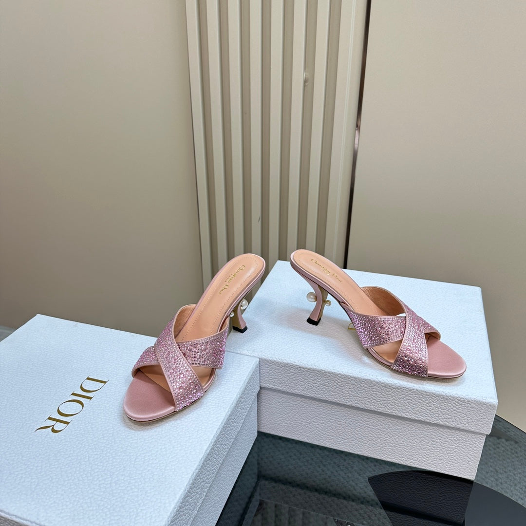 DIOR Tribales Heeled Slide 80mm Light Pink Lambskin And Studded With Stones