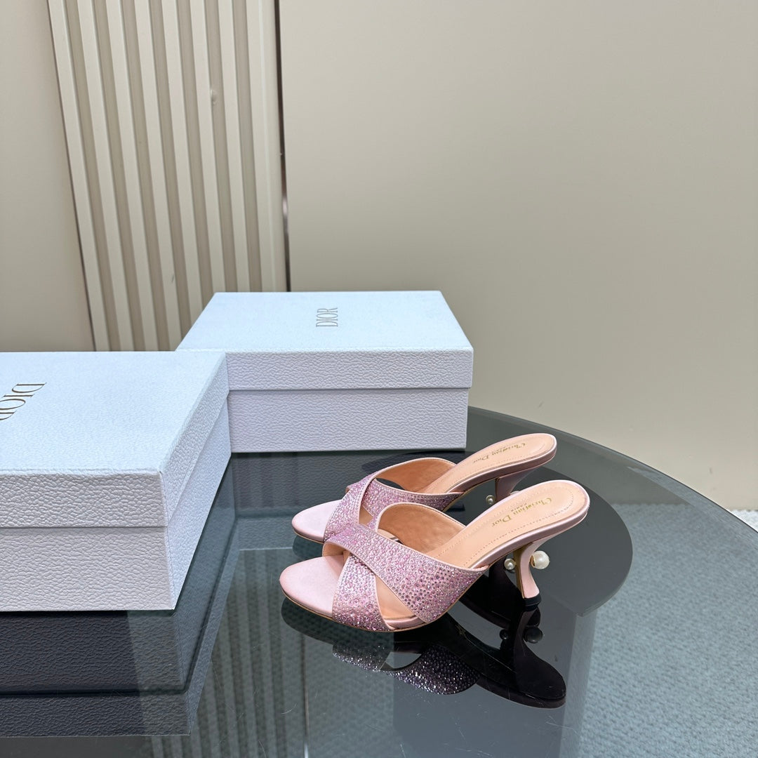 DIOR Tribales Heeled Slide 80mm Light Pink Lambskin And Studded With Stones