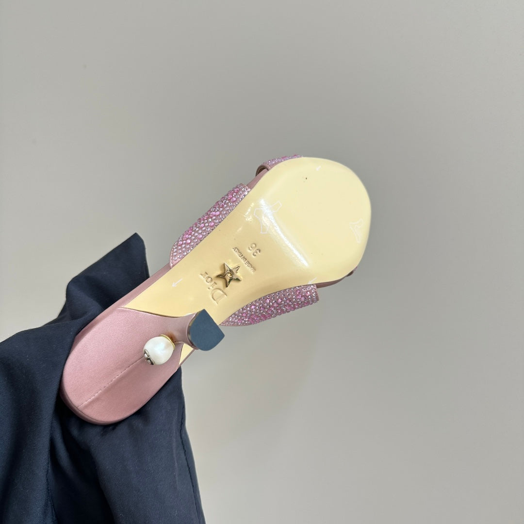 DIOR Tribales Heeled Slide 80mm Light Pink Lambskin And Studded With Stones