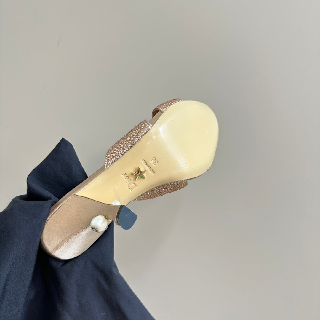 DIOR Tribales Heeled Slide 80mm Beige Lambskin And Studded With Stones