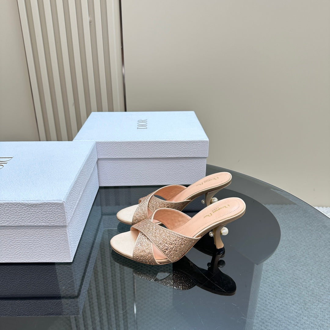 DIOR Tribales Heeled Slide 80mm Beige Lambskin And Studded With Stones