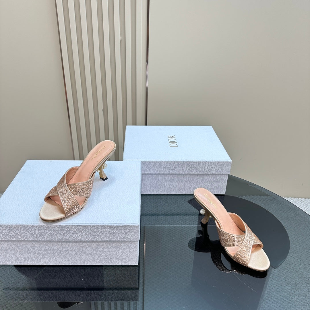 DIOR Tribales Heeled Slide 80mm Beige Lambskin And Studded With Stones