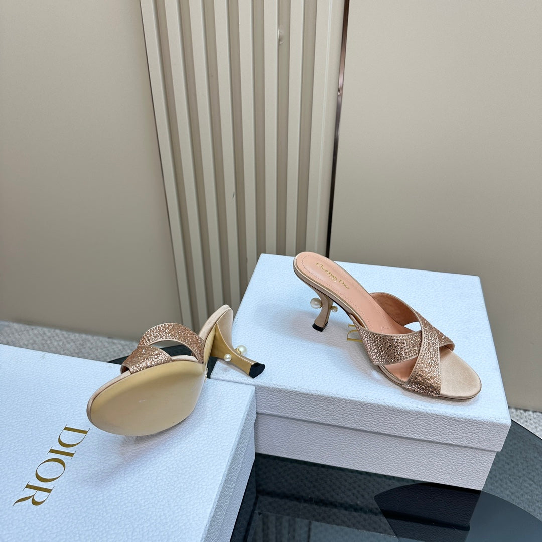 DIOR Tribales Heeled Slide 80mm Beige Lambskin And Studded With Stones