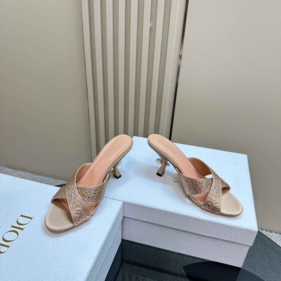 DIOR Tribales Heeled Slide 80mm Beige Lambskin And Studded With Stones