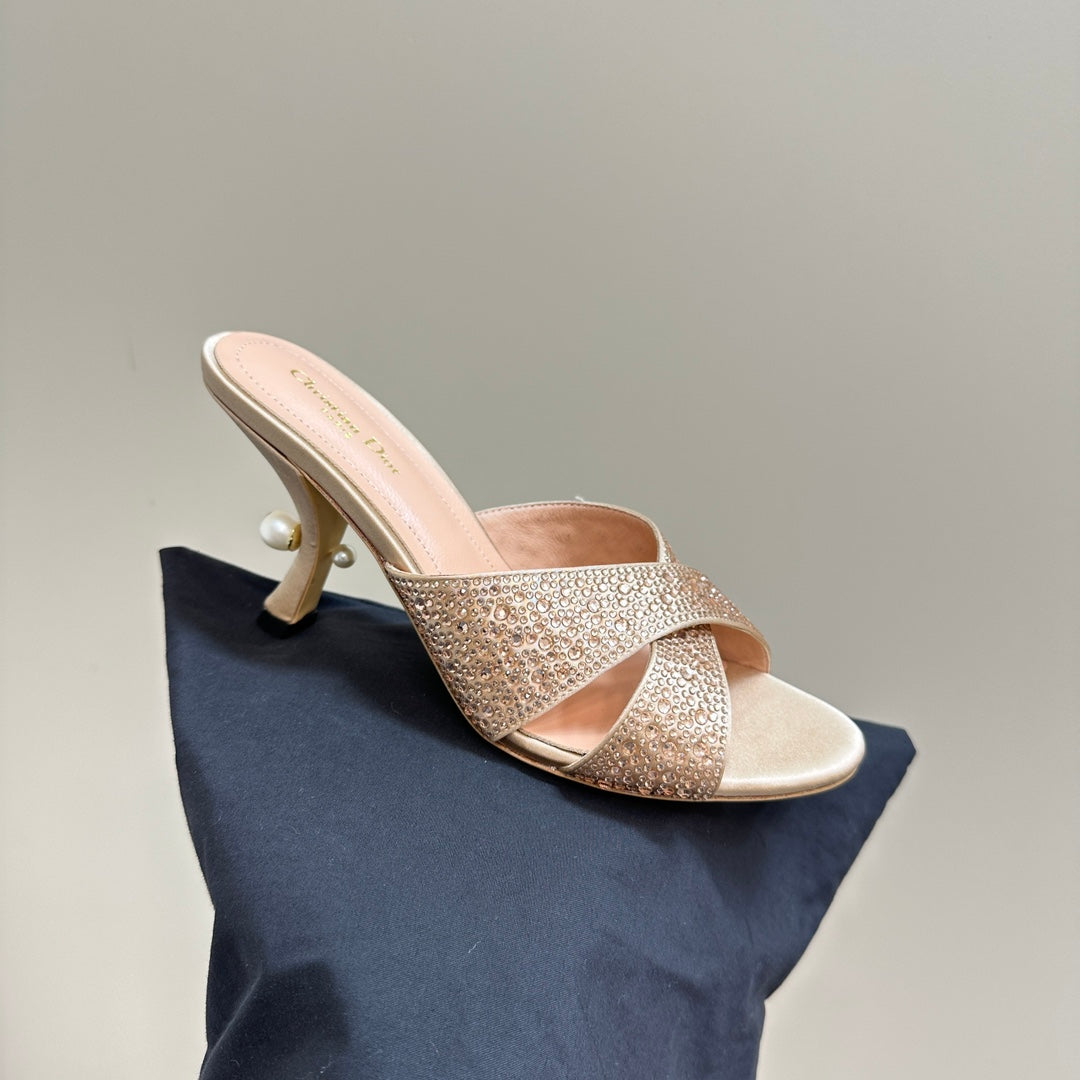 DIOR Tribales Heeled Slide 80mm Beige Lambskin And Studded With Stones