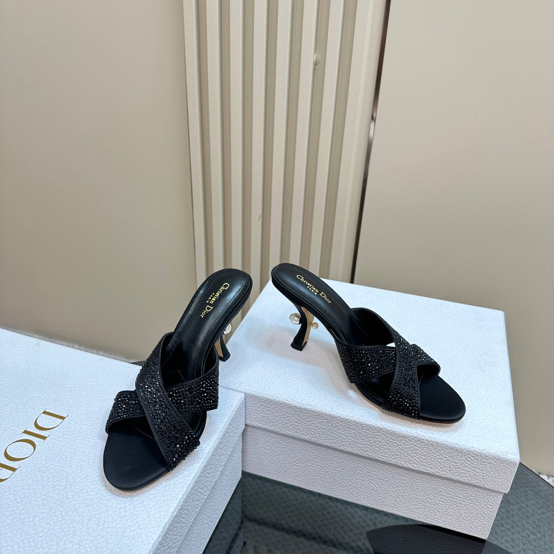 DIOR Tribales Heeled Slide 80mm Black Lambskin And Studded With Stones