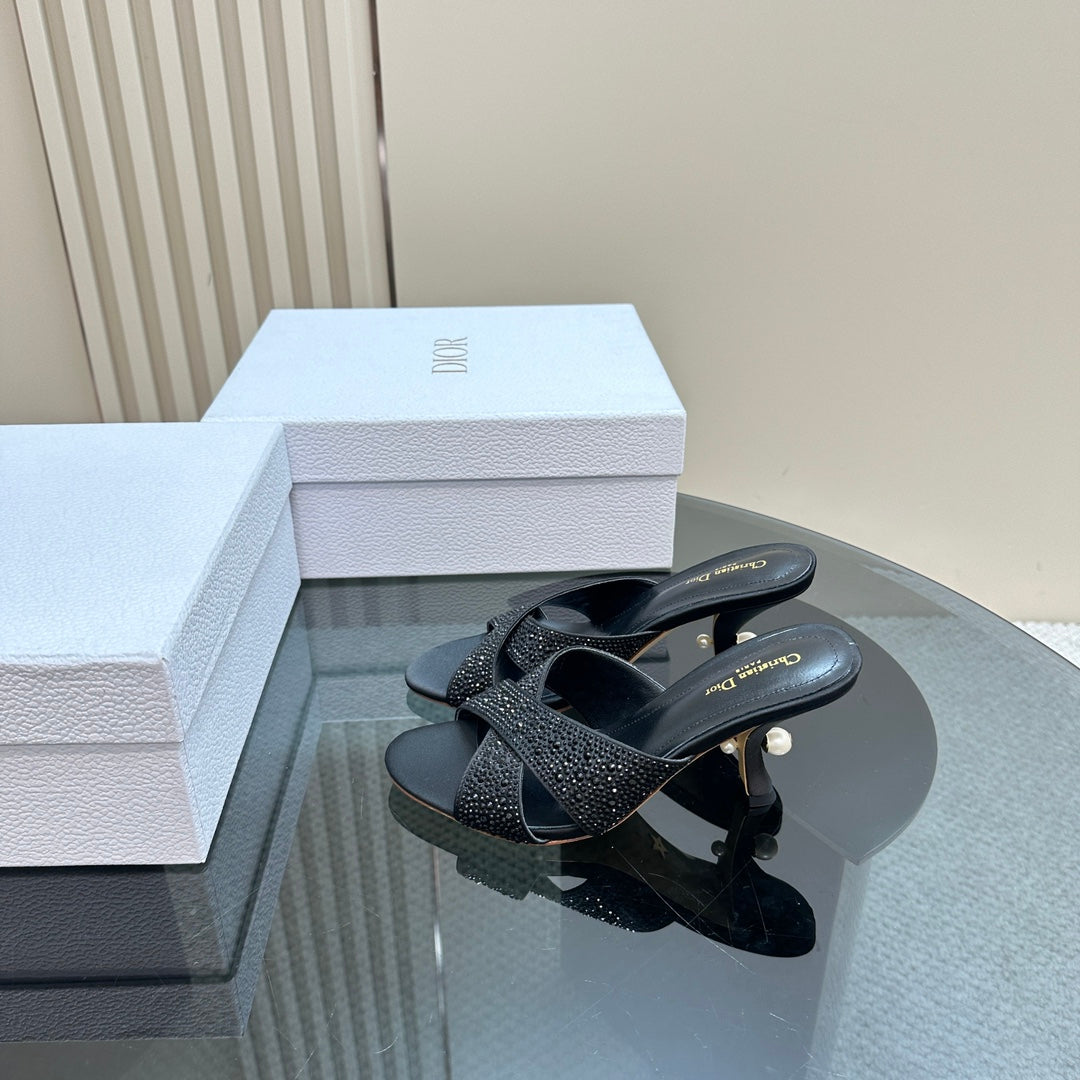DIOR Tribales Heeled Slide 80mm Black Lambskin And Studded With Stones