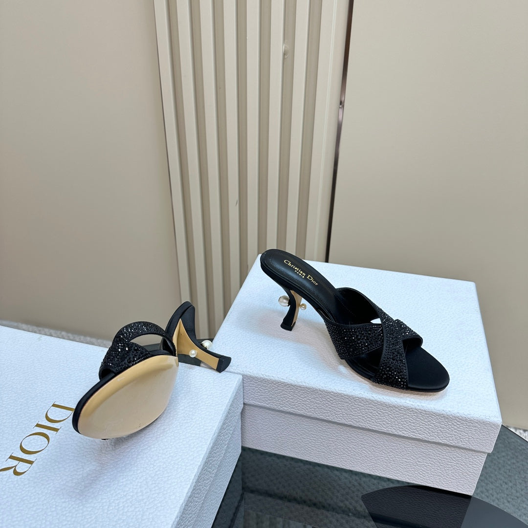 DIOR Tribales Heeled Slide 80mm Black Lambskin And Studded With Stones