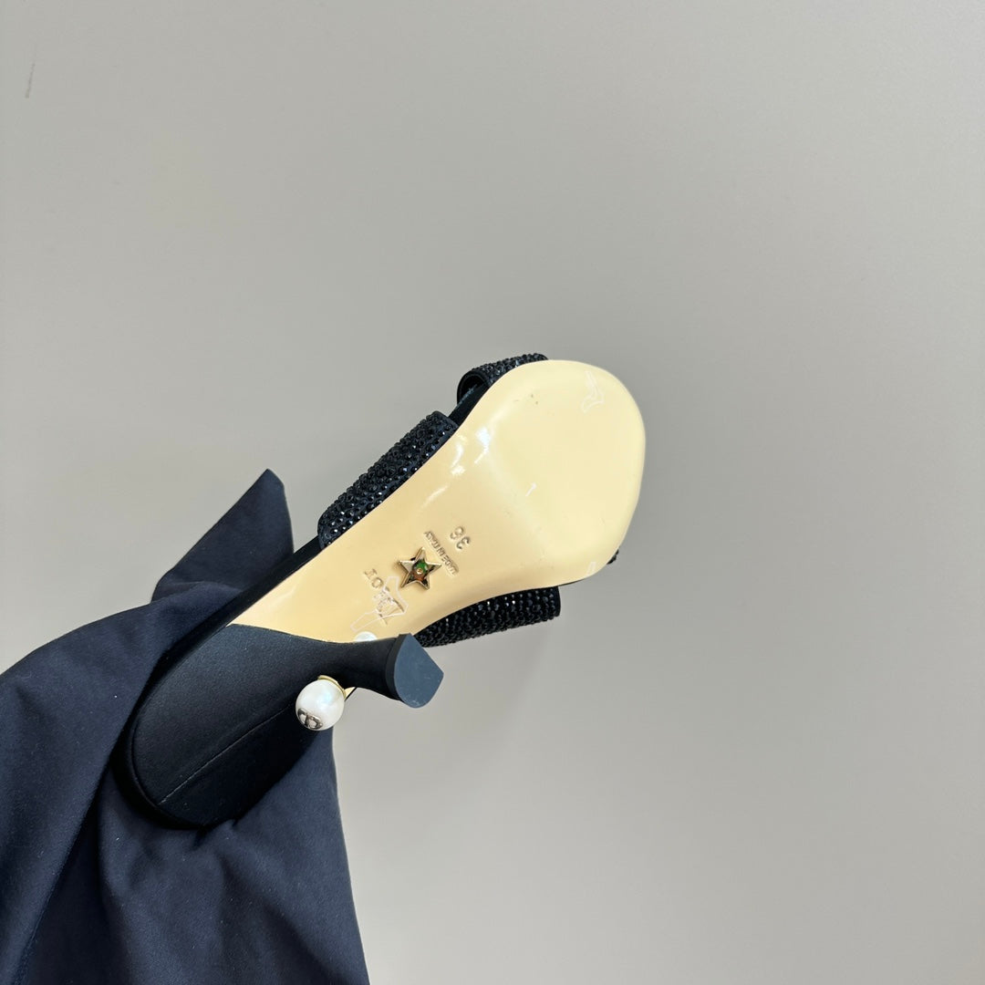 DIOR Tribales Heeled Slide 80mm Black Lambskin And Studded With Stones