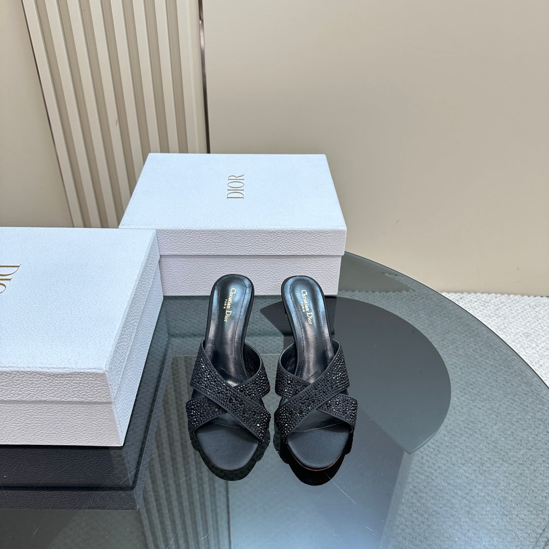 DIOR Tribales Heeled Slide 80mm Black Lambskin And Studded With Stones