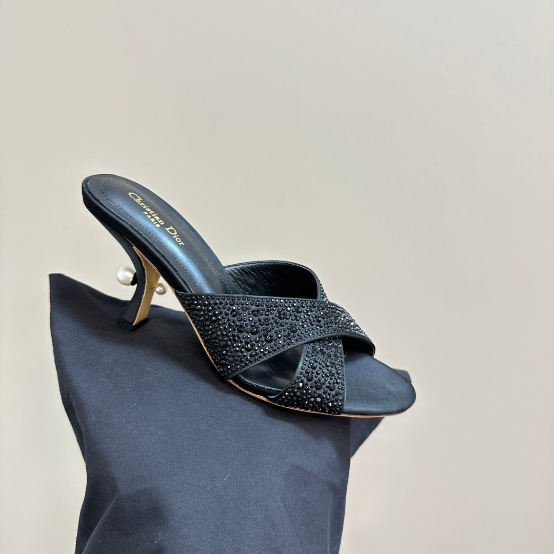 DIOR Tribales Heeled Slide 80mm Black Lambskin And Studded With Stones