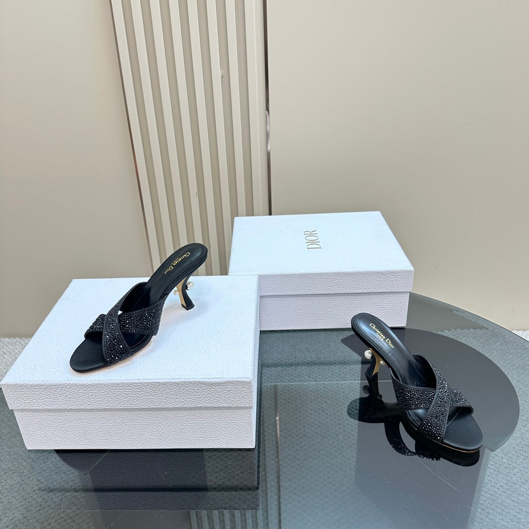DIOR Tribales Heeled Slide 80mm Black Lambskin And Studded With Stones