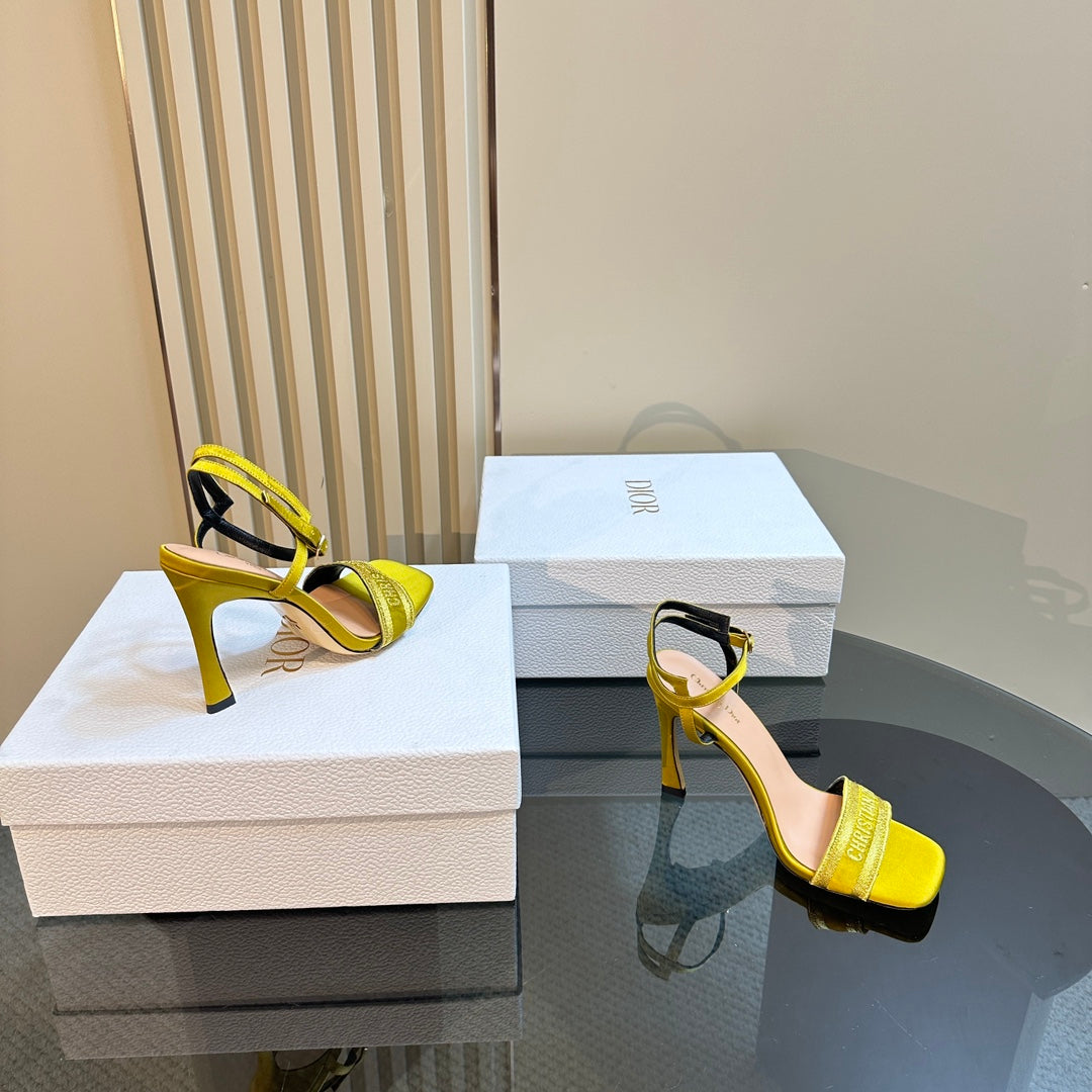 DIOR Dway Heeled Sandal 105mm Yellow Silk And Lambskin