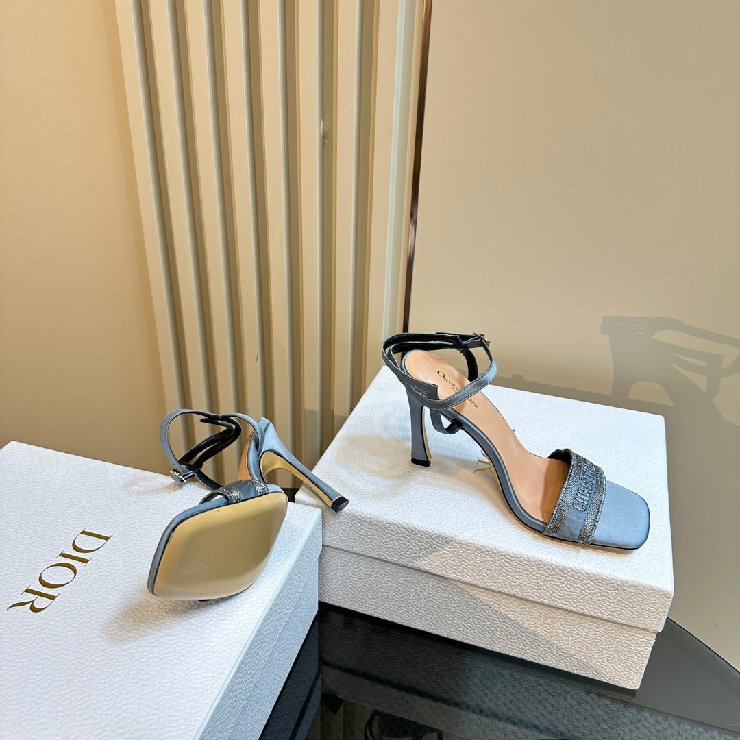 DIOR Dway Heeled Sandal 105mm Blue Silk And Lambskin