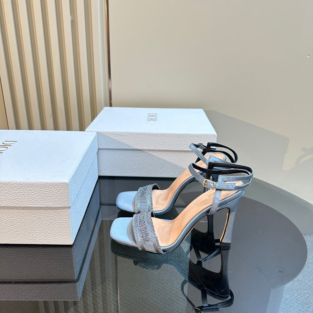 DIOR Dway Heeled Sandal 105mm Blue Silk And Lambskin