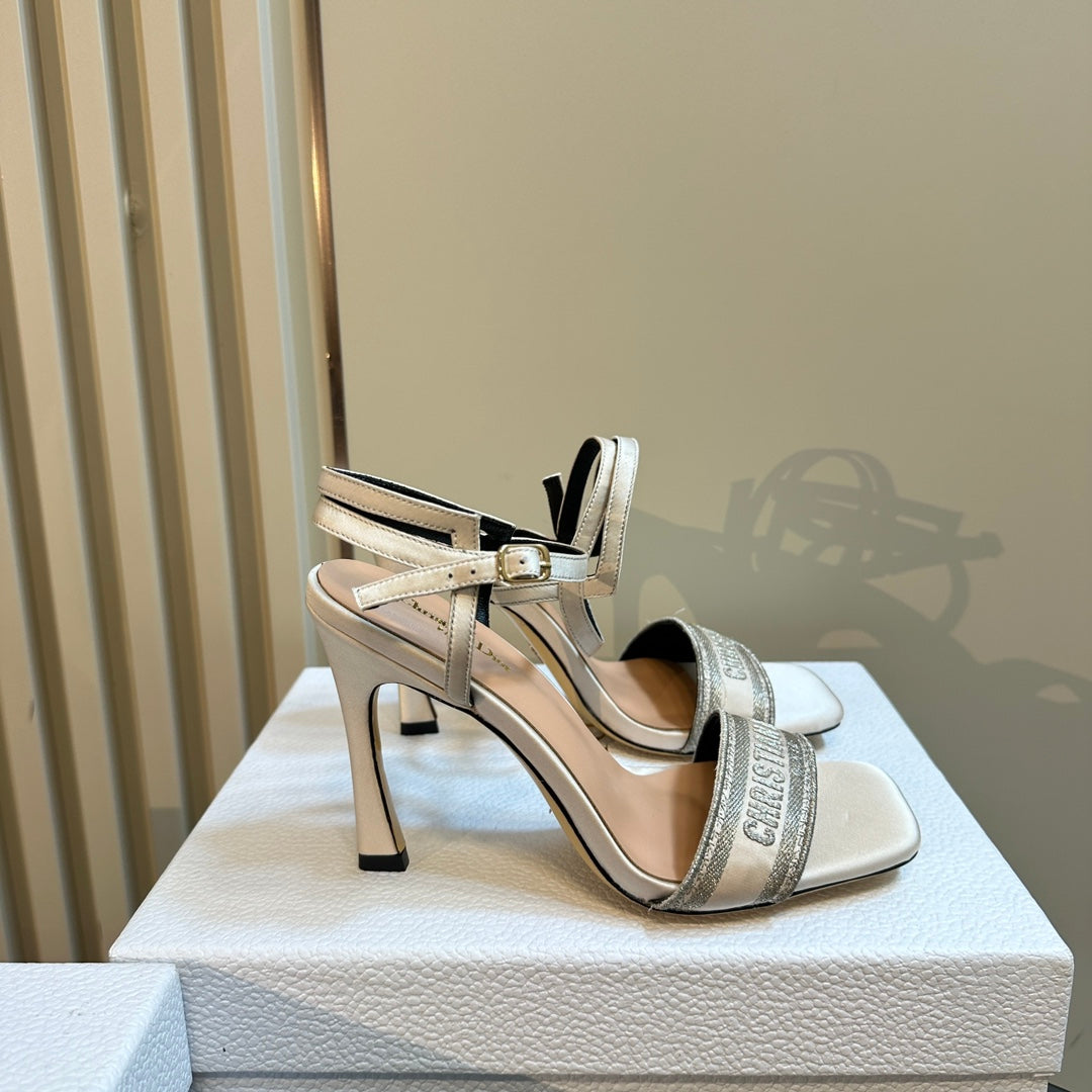 DIOR Dway Heeled Sandal 105mm White Grey Silk And Lambskin