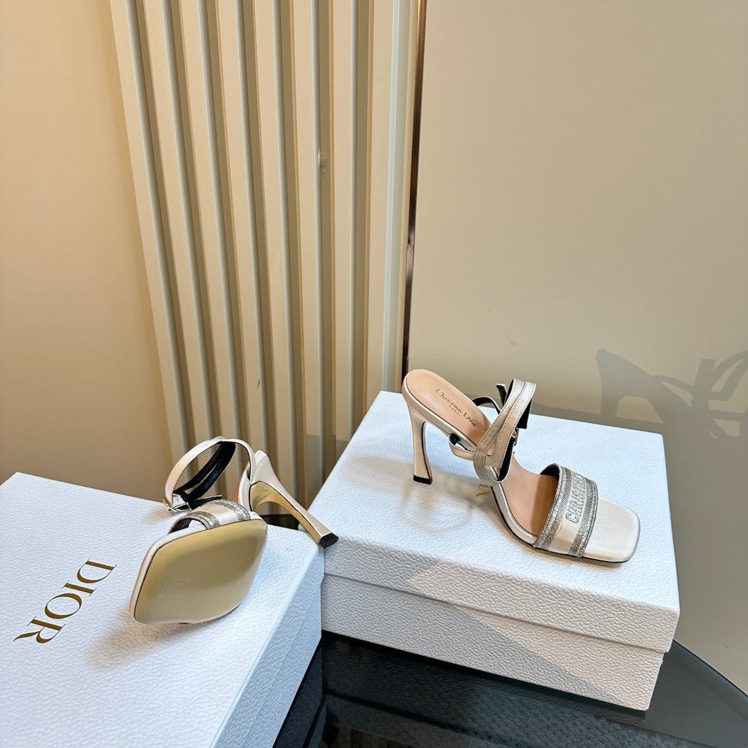 DIOR Dway Heeled Sandal 105mm White Grey Silk And Lambskin