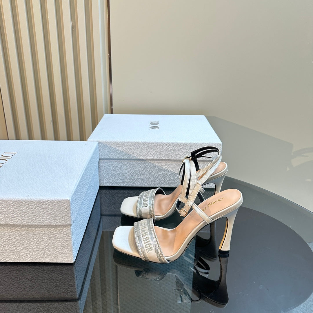DIOR Dway Heeled Sandal 105mm White Grey Silk And Lambskin
