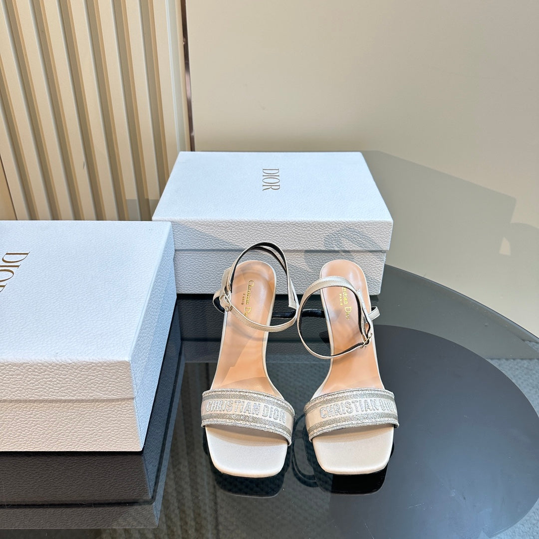 DIOR Dway Heeled Sandal 105mm White Grey Silk And Lambskin