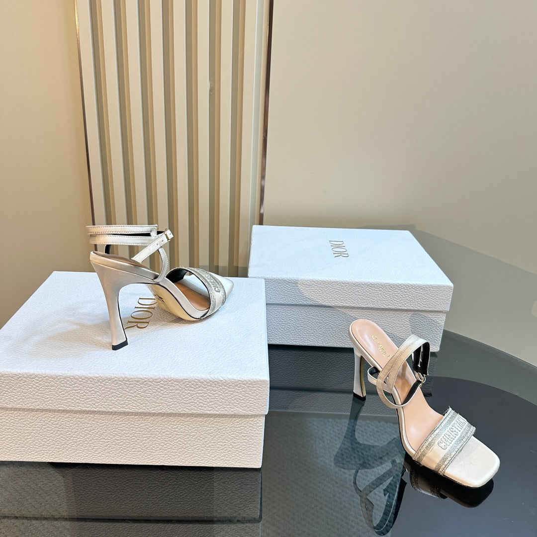 DIOR Dway Heeled Sandal 105mm White Grey Silk And Lambskin