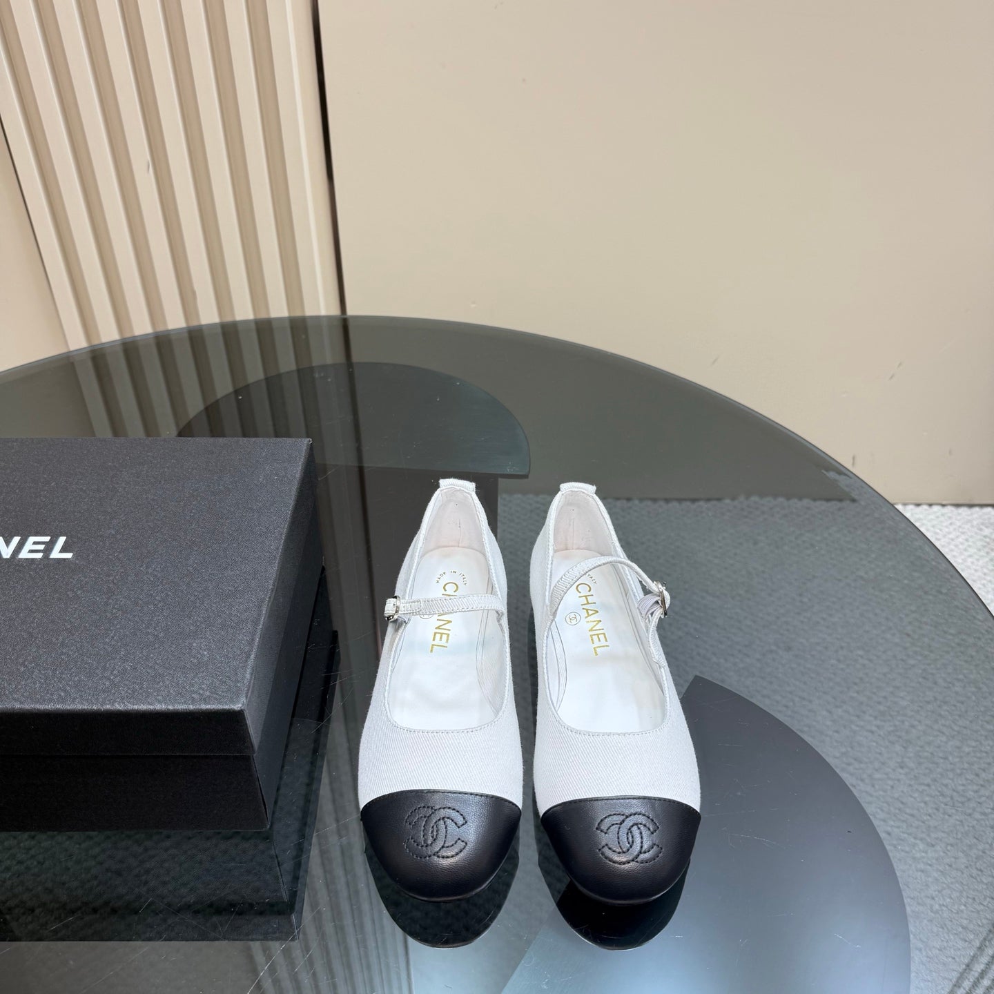 CHANEL 25 Mary Jane Flats White Fabric 239402