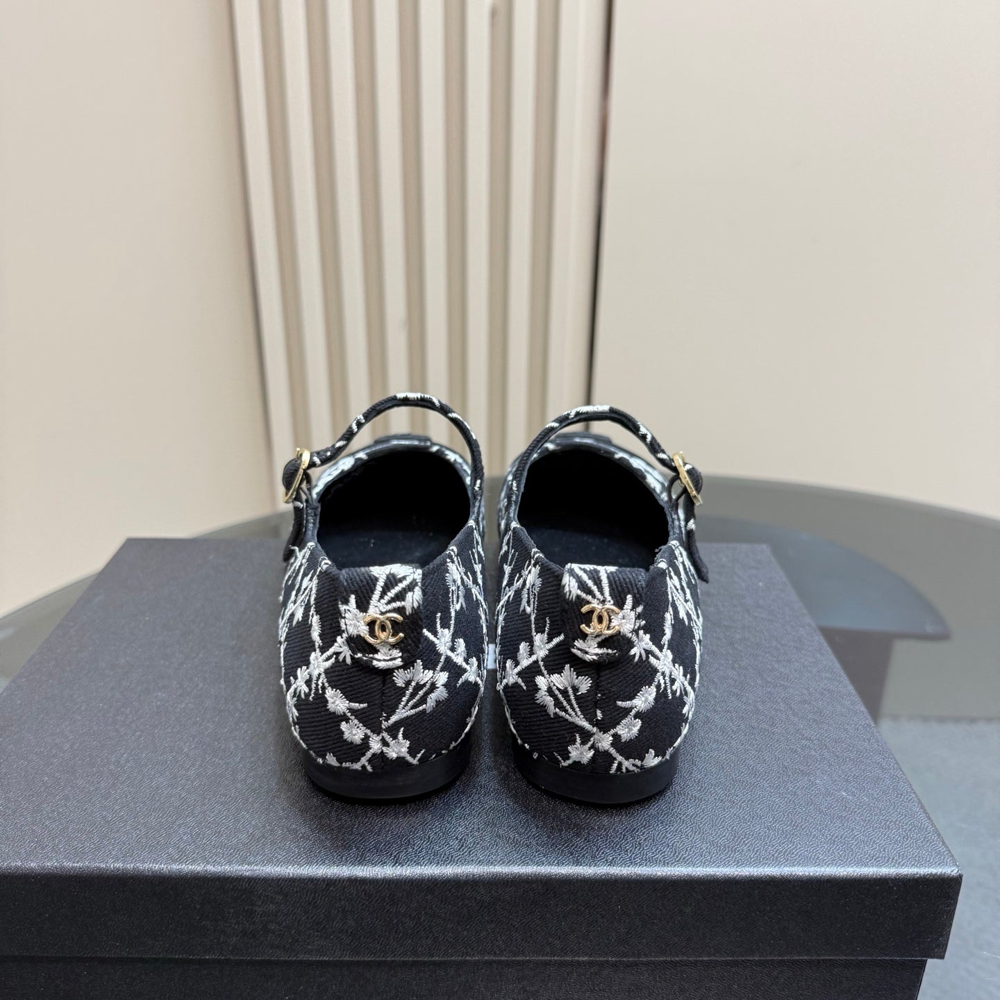CHANEL 25 Mary Jane Flats Black Pattern Fabric 239404