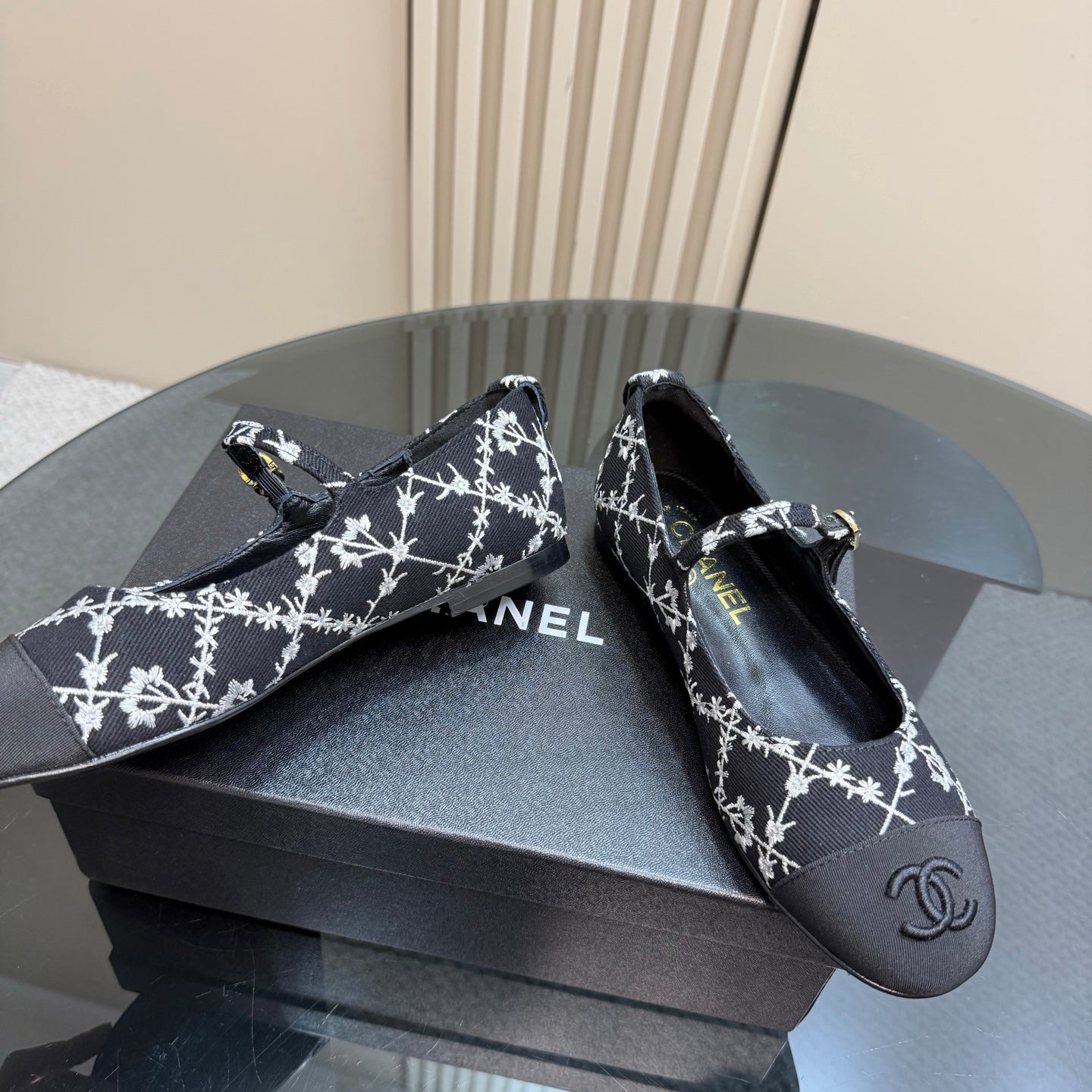 CHANEL 25 Mary Jane Flats Black Pattern Fabric 239404