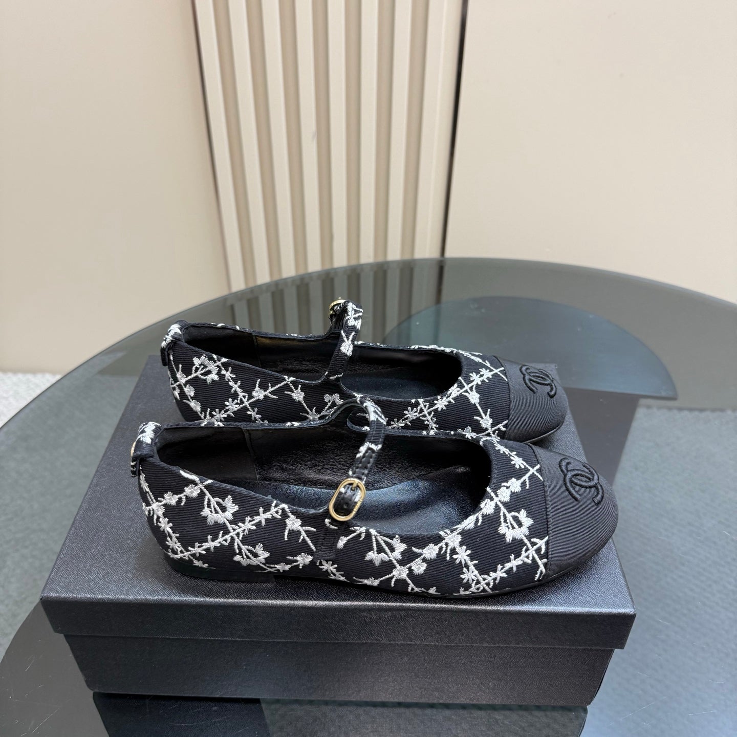 CHANEL 25 Mary Jane Flats Black Pattern Fabric 239404