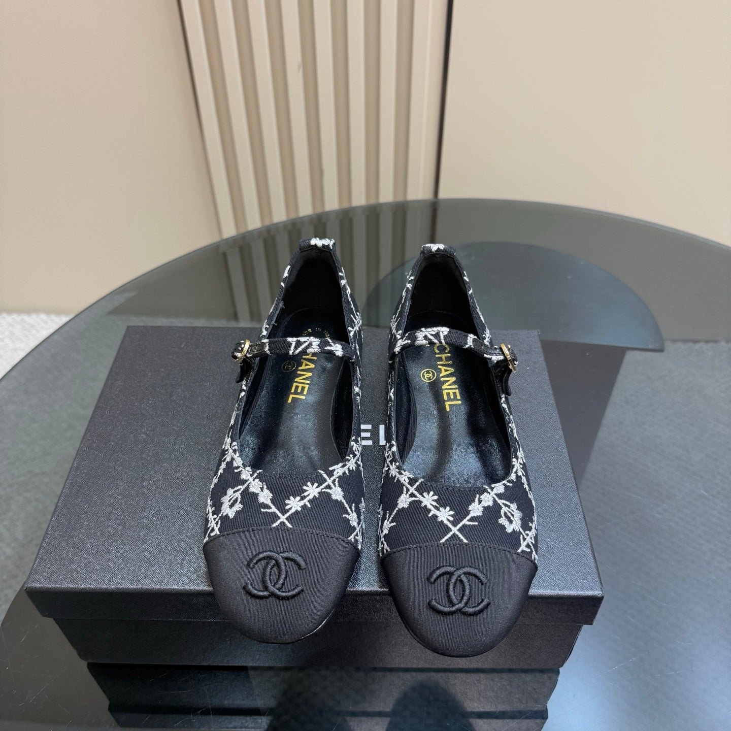 CHANEL 25 Mary Jane Flats Black Pattern Fabric 239404