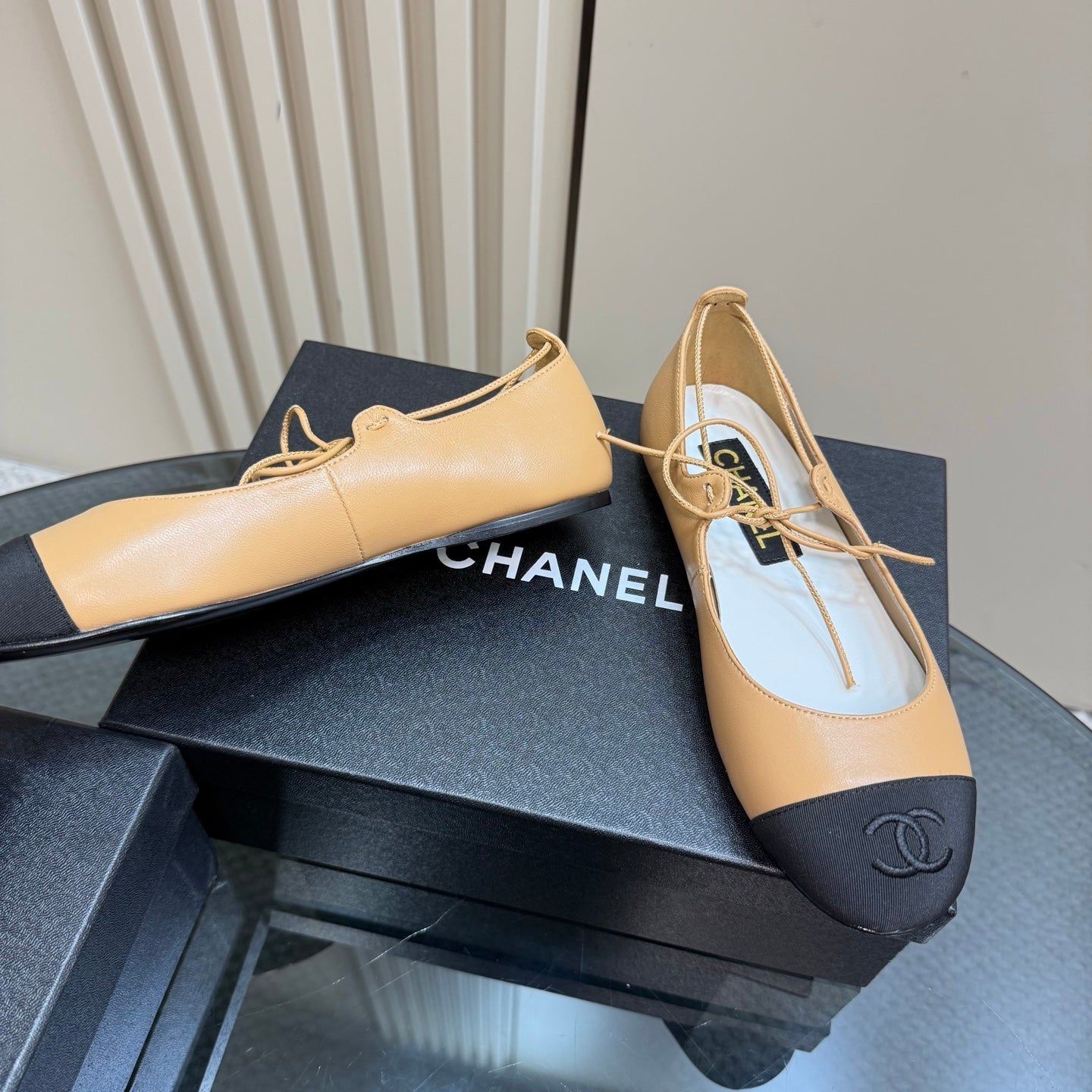 CHANEL 25 Mary Jane Flat Buff Brown Leather with Fabric 239406