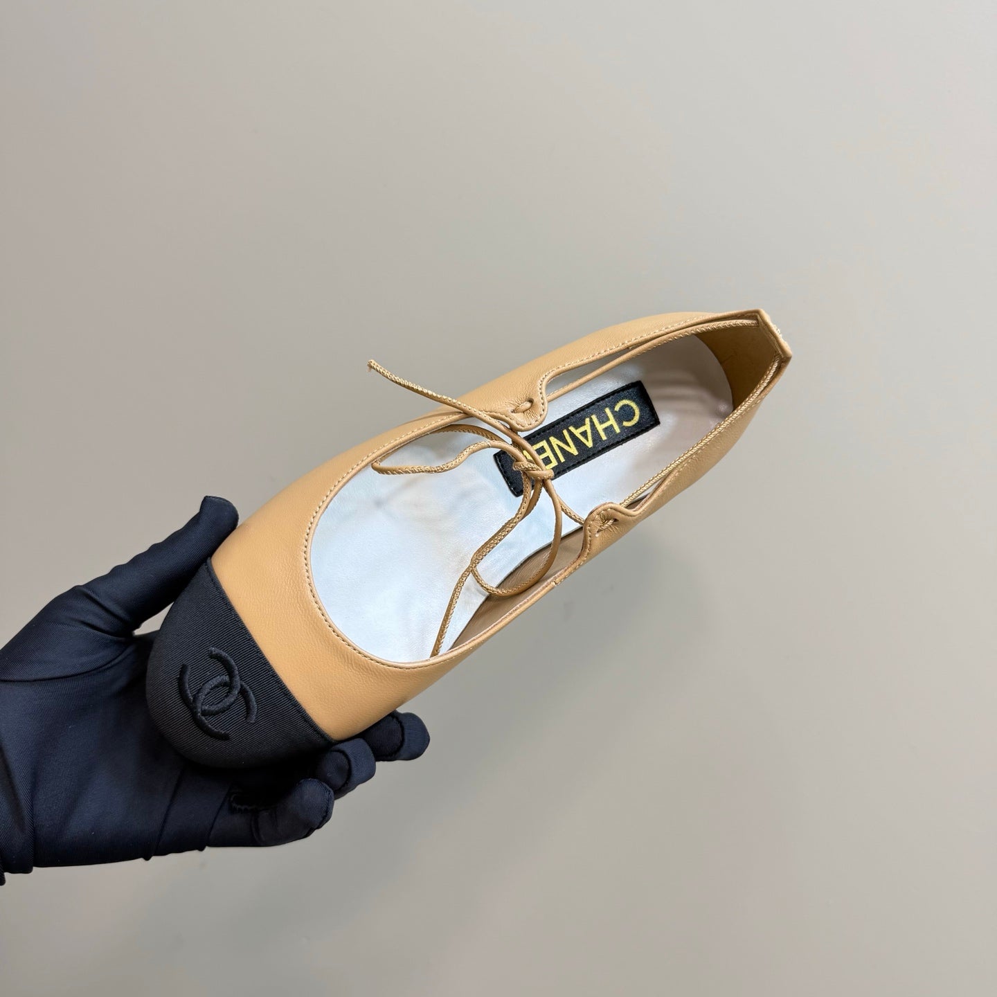 CHANEL 25 Mary Jane Flat Buff Brown Leather with Fabric 239406